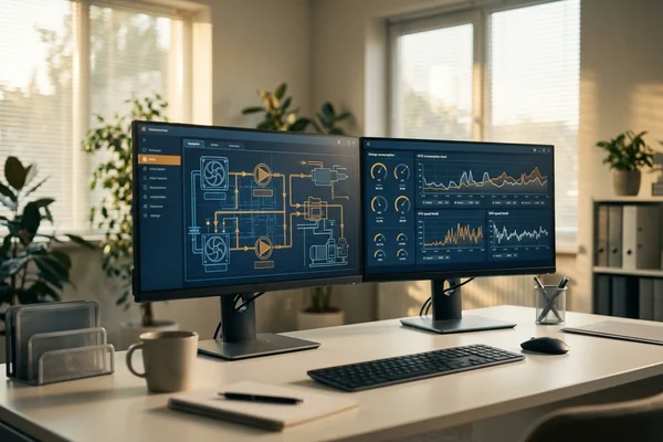 BAS graphic showing VFD speed and energy trends