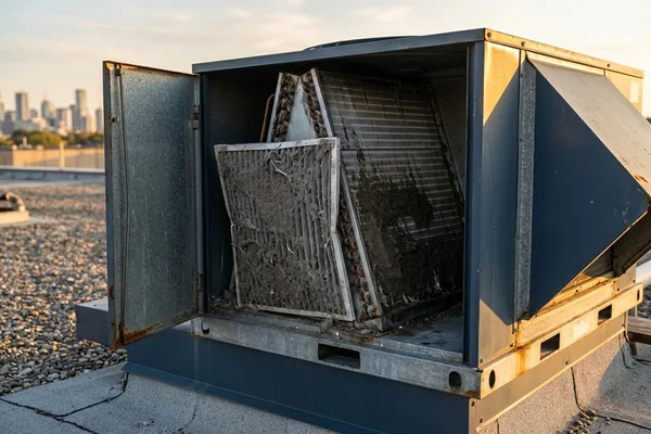 Clogged filters and dirty coil in a neglected RTU