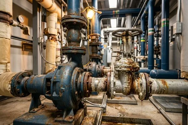 Corroded pumps and leaking valves in a mechanical penthouse