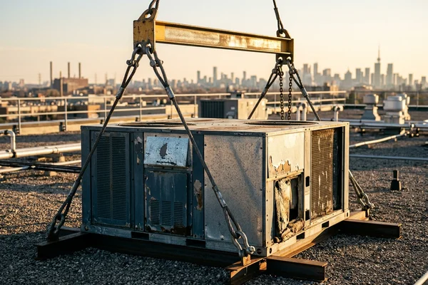 Spreader bar rigging on a 10-ton packaged RTU before the lift