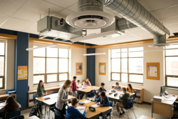 DOAS ductwork delivering fresh air to classroom diffusers