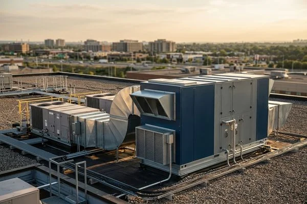 DOAS unit paired with existing RTUs on a Markham office roof