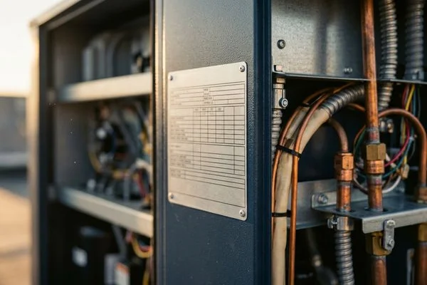 High-efficiency RTU nameplate showing IEER