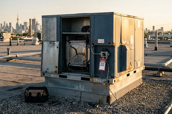 Old gas-fired RTU tagged out with a cracked heat exchanger