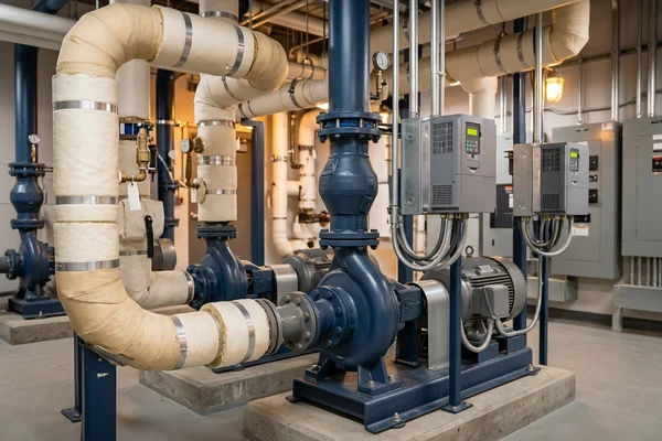 Circulation pumps with new VFDs in a condo mechanical room
