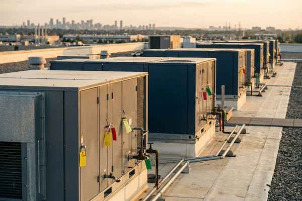Maintained RTUs with inspection tags on a GTA plaza roof