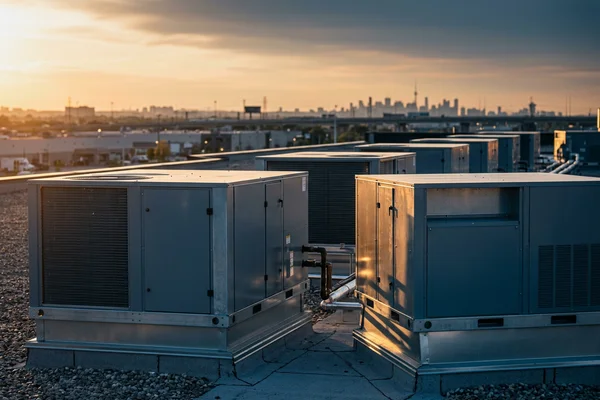 New Lennox LCG packaged RTUs on a Mississauga industrial roof