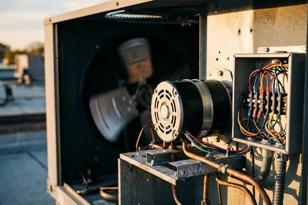 RTU running with a new condenser fan motor after an emergency repair