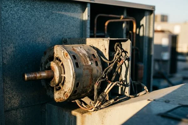 Seized condenser fan motor and scorched wiring in an RTU