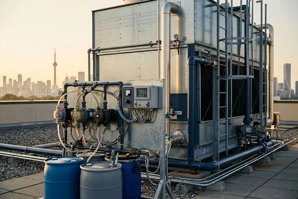 Water treatment controller beside a cooling tower
