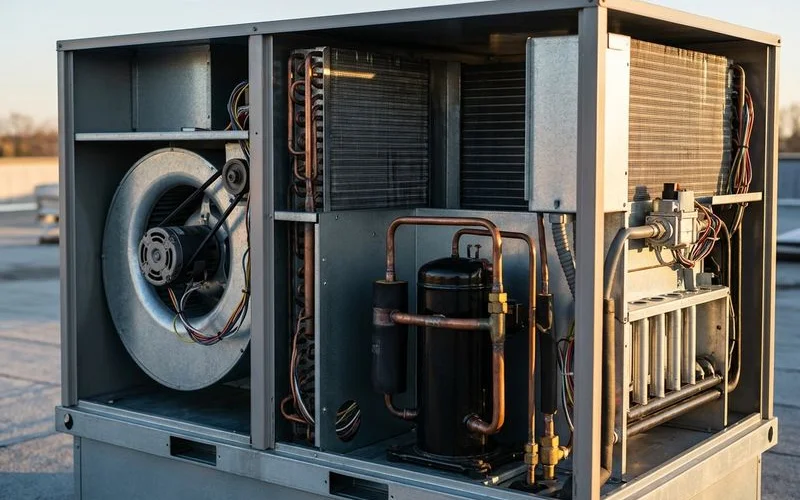 Inside a packaged RTU: compressor, coils, blower and gas heat in one cabinet