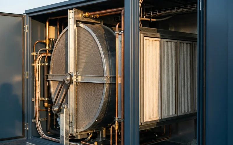 Energy recovery wheel and MERV 13 filters inside a DOAS unit