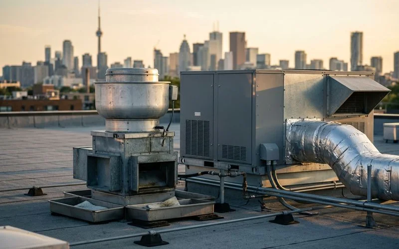 Kitchen exhaust fan and 5-ton RTU on a restaurant roof