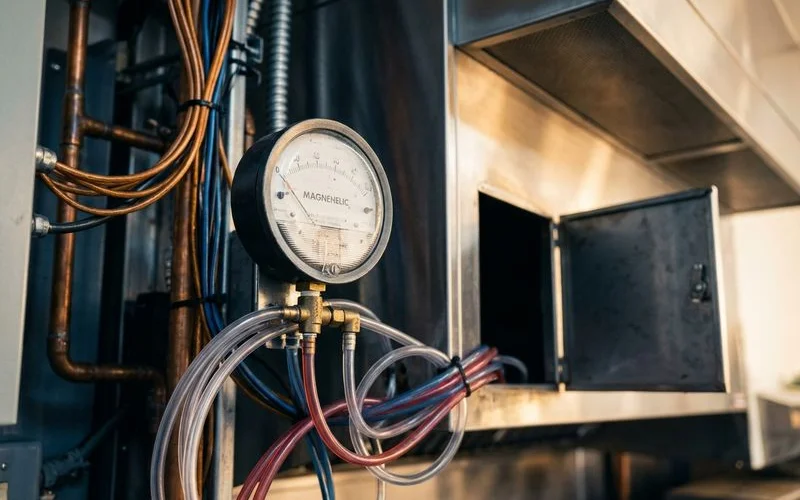 Magnehelic gauge measuring building pressure during MUA balancing