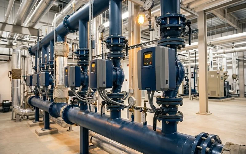 New circulation pumps with VFDs on a hydronic loop header