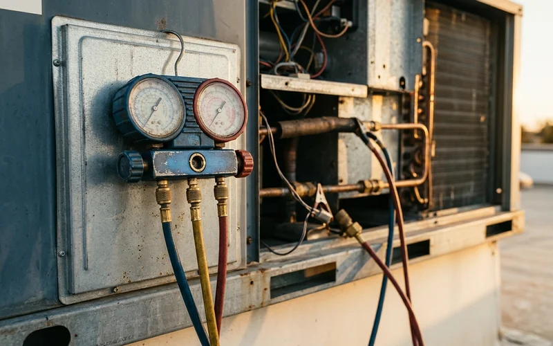 Gauge manifold reading superheat and subcooling on a commercial RTU