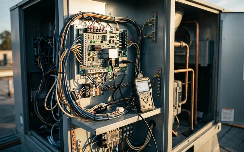 Trane ReliaTel control module with service tool connected