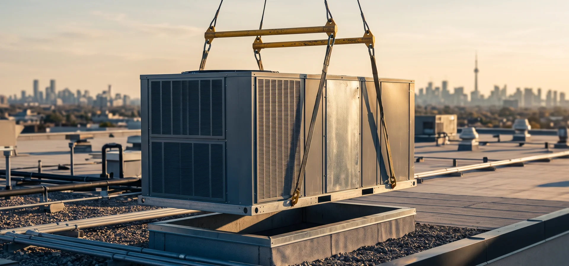 10-ton packaged rooftop unit lifted by crane over a GTA office building