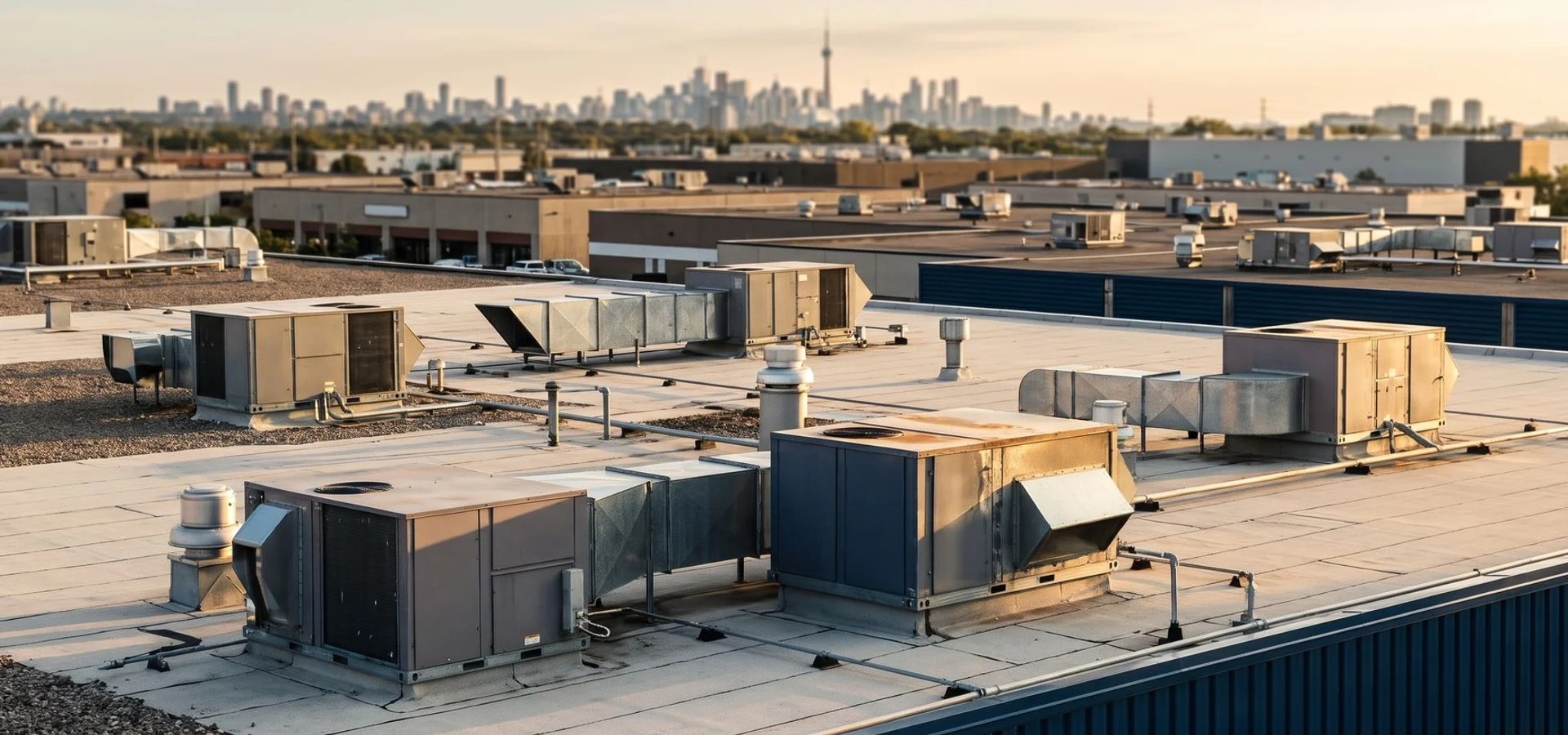 Several GTA commercial plaza rooftops with packaged rooftop units