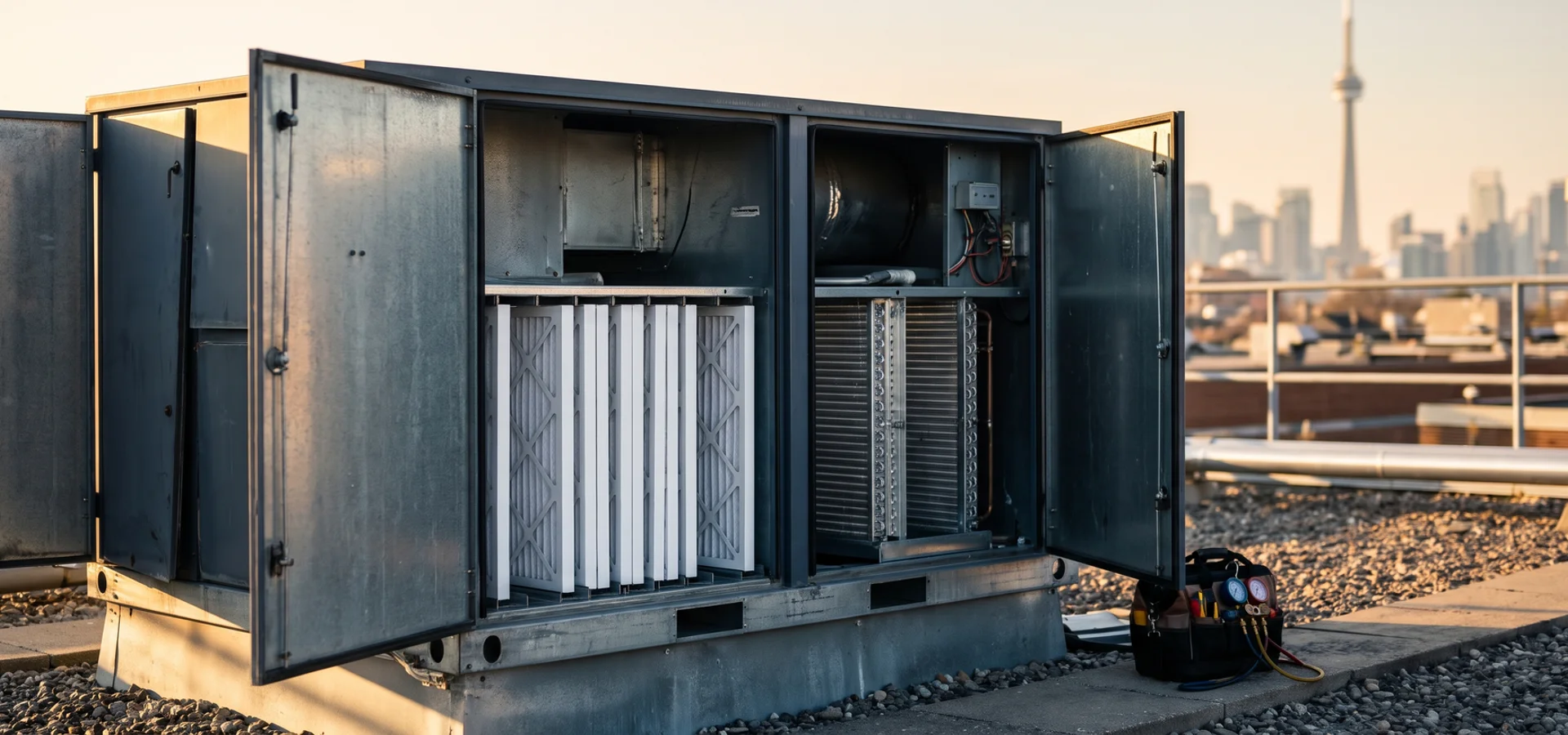 Open commercial rooftop unit with clean coil and new filters during quarterly maintenance