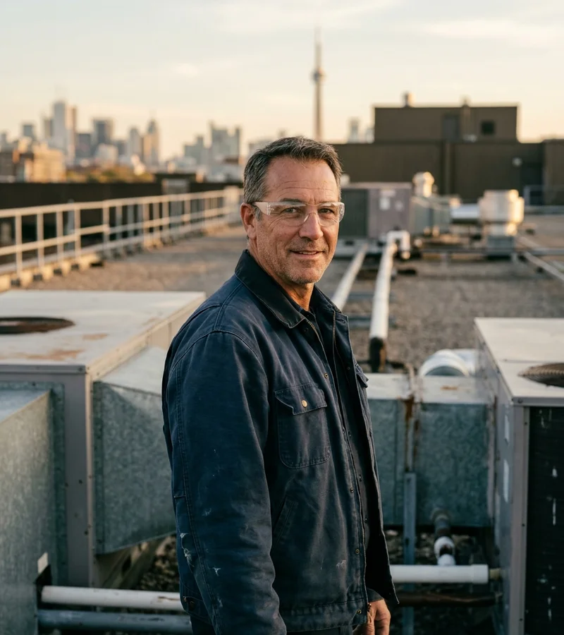 Commercial HVAC shop director on a Toronto rooftop beside packaged rooftop units