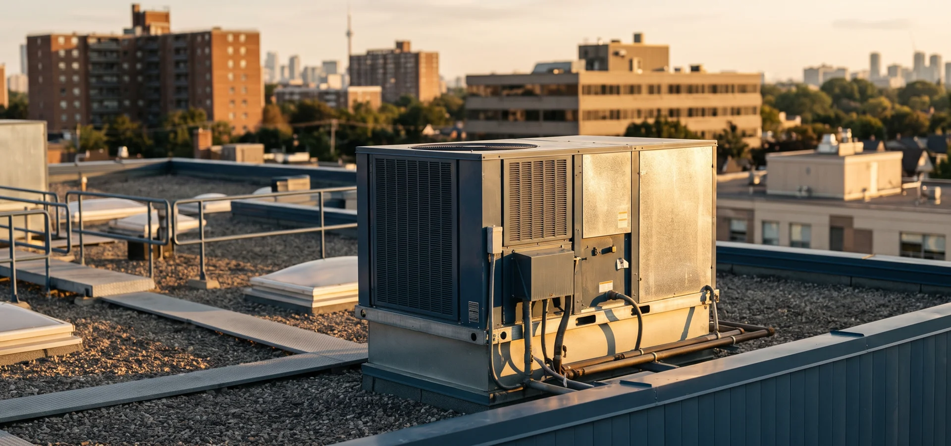 Compact 3-ton packaged rooftop unit above a small commercial suite