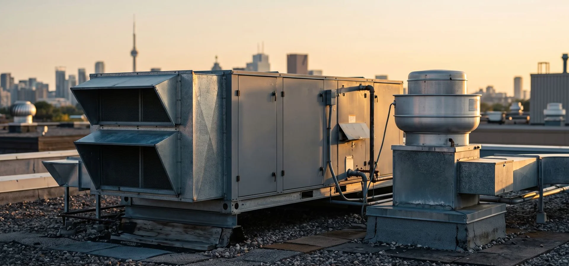 Direct-fired make-up air unit beside a kitchen exhaust fan on a Toronto restaurant roof