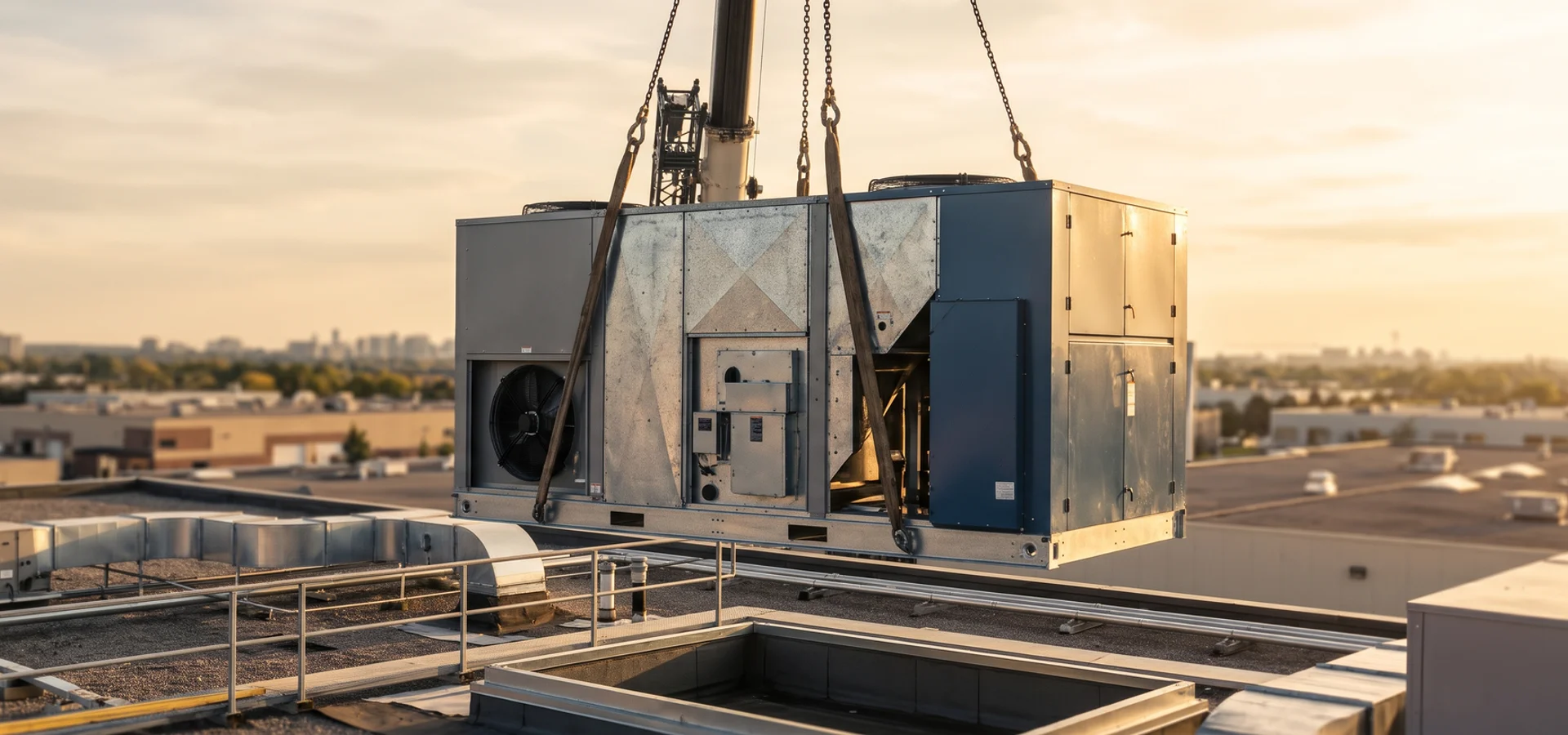 20-ton packaged rooftop unit lifted by crane over a Scarborough warehouse
