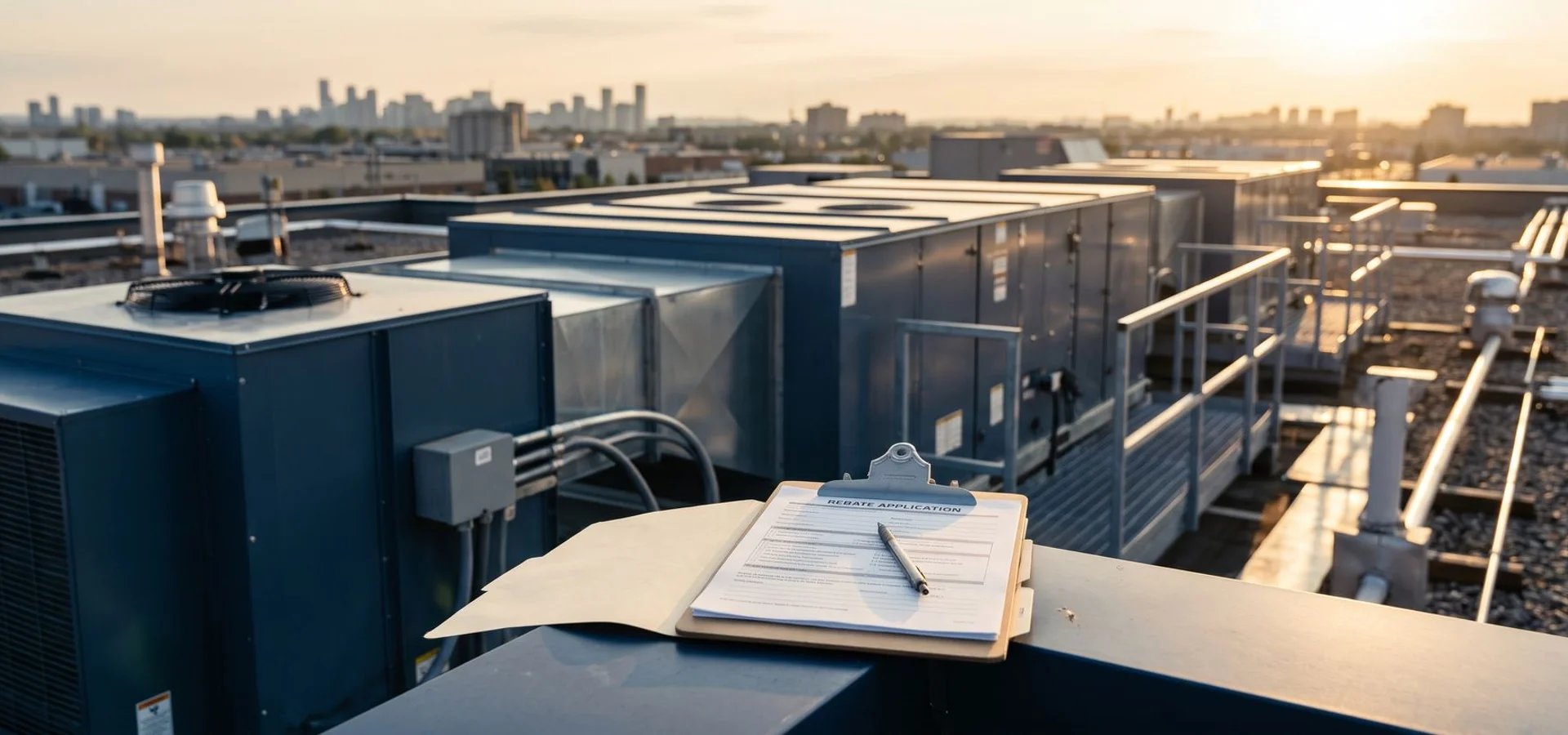 New high-efficiency rooftop units on a Mississauga roof with a rebate application
