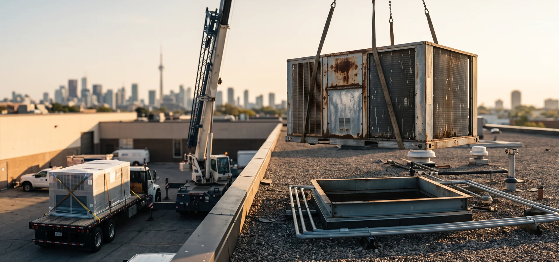 Old rooftop unit lifted off a Toronto retail roof by crane during a replacement