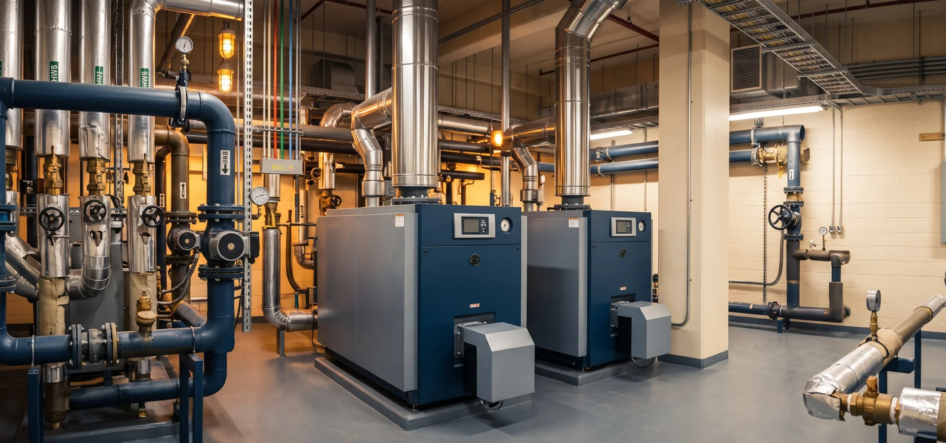 Condensing commercial boilers with hydronic piping in a Toronto boiler room