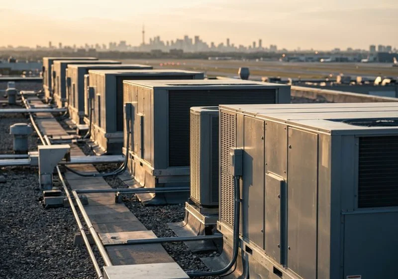 Row of new Lennox packaged rooftop units on a Mississauga industrial roof
