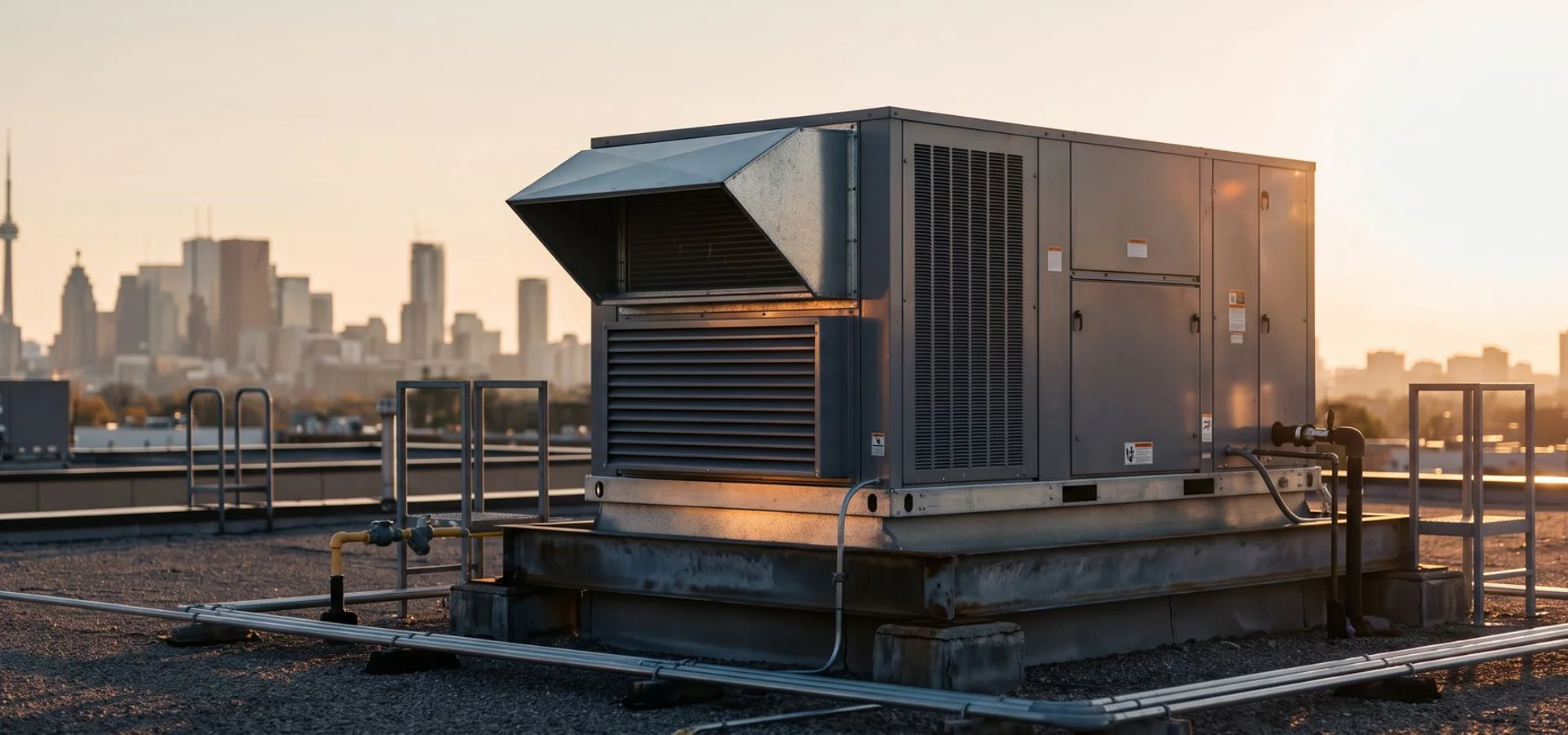Packaged rooftop unit with economizer hood on a Toronto office roof