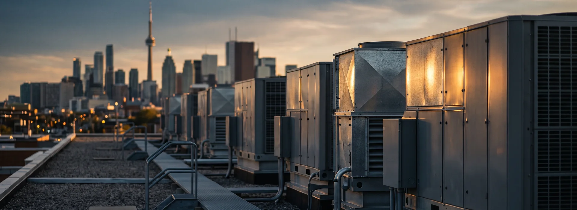 Packaged rooftop units on a Toronto commercial roof at dusk